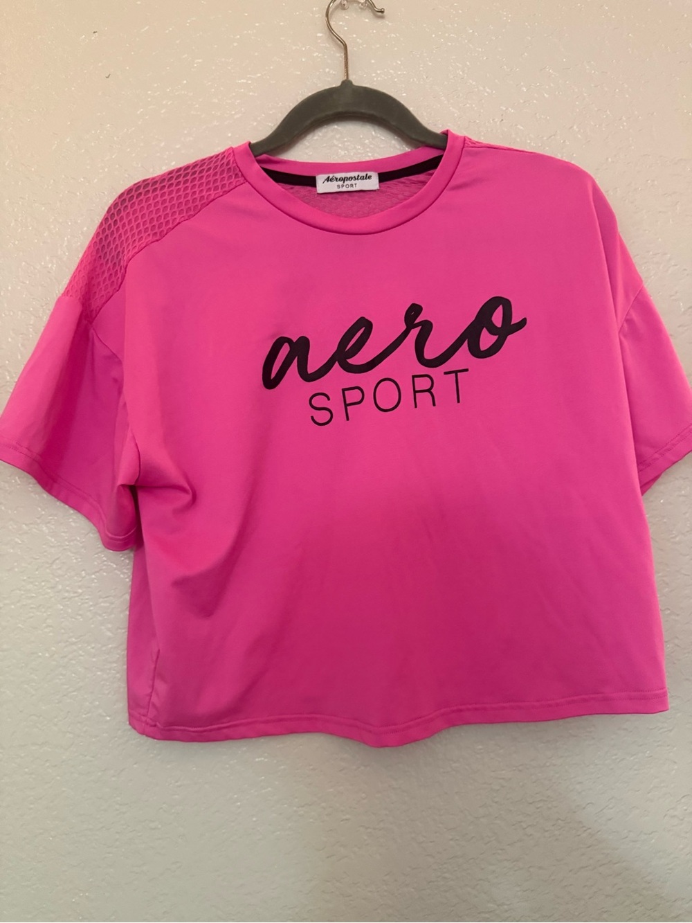 Aeropostale Pink Aero Sport Crop Tee with Mesh Shoulder